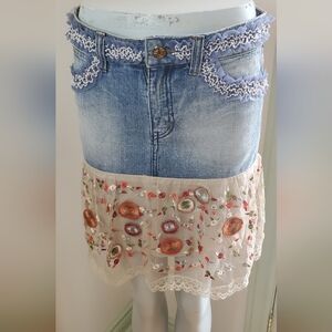 Vintage Boho Lace Flower Jean Skirt
